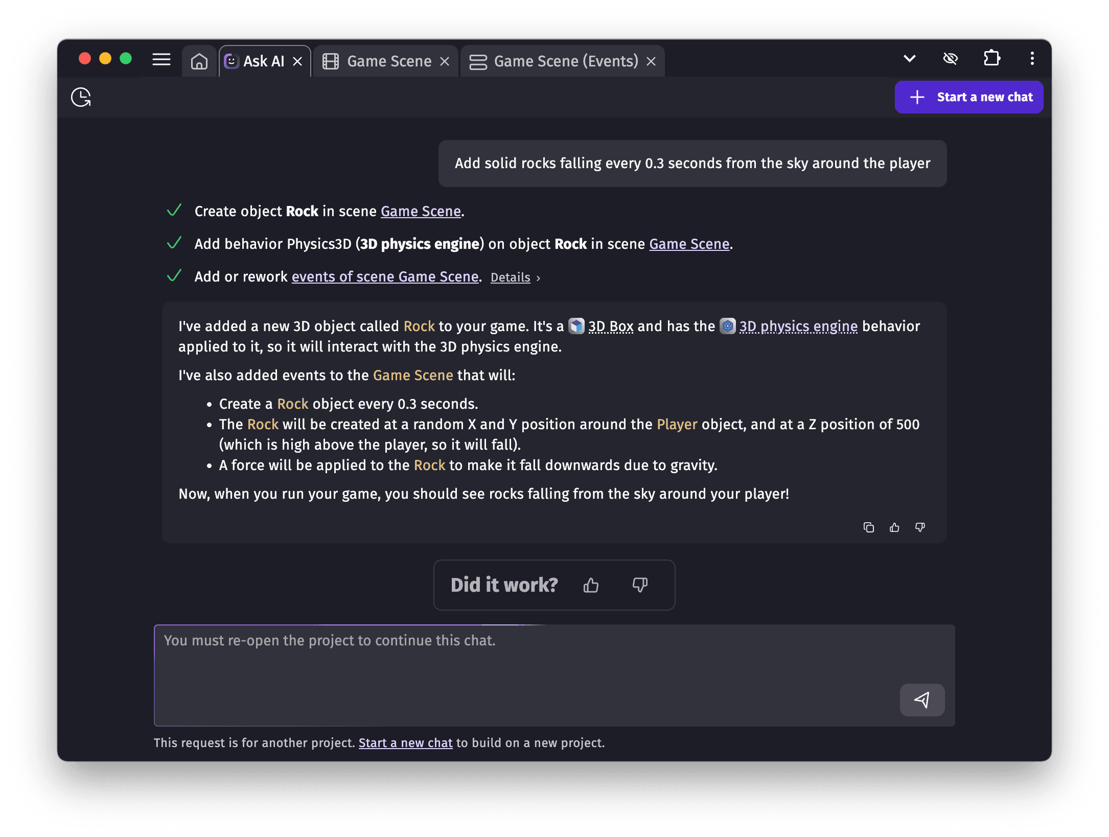 A conversation with the AI agent building a feature in a game
